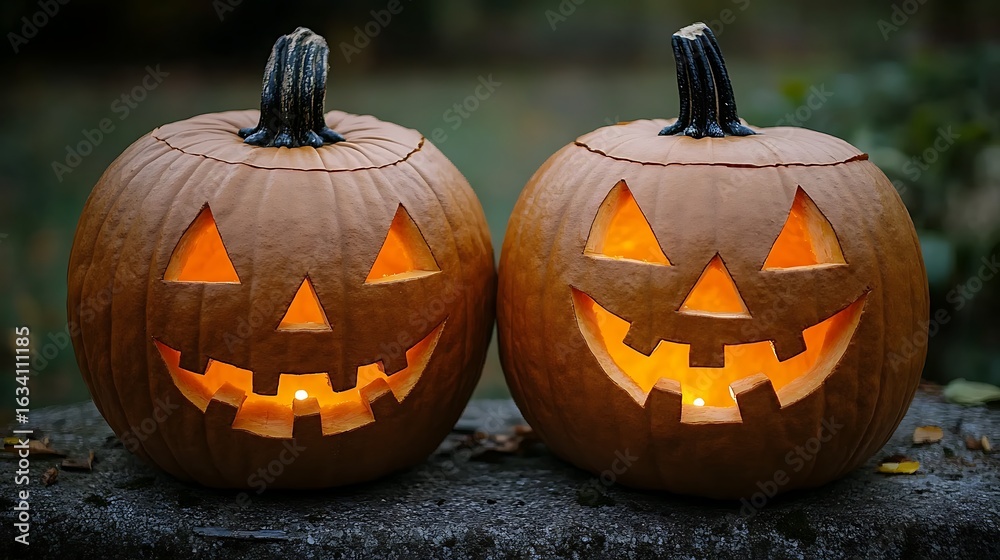 Obraz premium Two jack-o'-lanterns illuminate a dark stone surface.