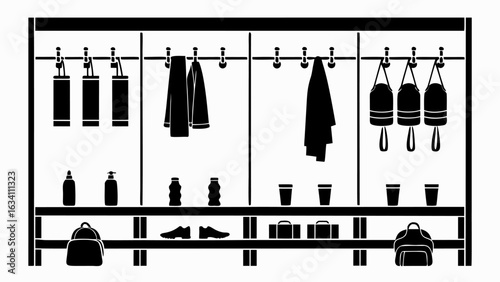A black and white image depicting a locker room or storage area with various items on shelves and hanging up silhouette
