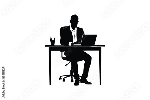 colorful vibrant crisp clean stylish elegant modern detailed professional high quality Elegant Corporate Professional in Suit and Tie working on a Laptop in an Office Setting