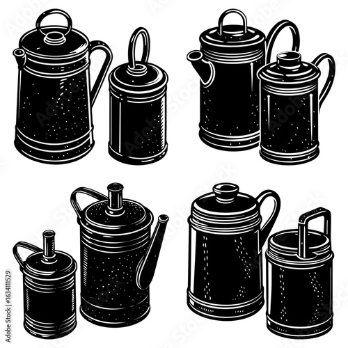 Illustration of vintage metal containers and pitchers with lids and handles in black and white style