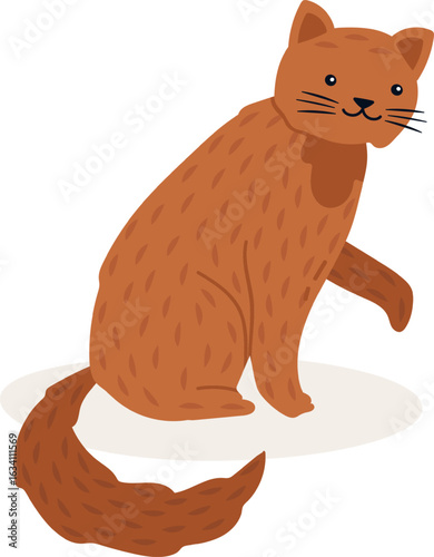 Adorable ginger cat sitting with its fluffy tail curled around and raising one paw in a playful or curious manner, simple cartoon illustration isolated on white background