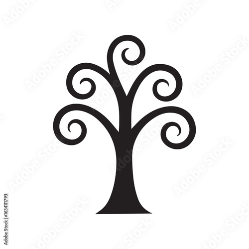 Stylized black tree silhouette with swirling branches, clip art , logo icon