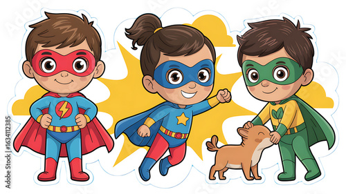 Cartoon Superheroes Team with Their Adorable Dog Sidekick Ready for Adventure and Excitement Illustration