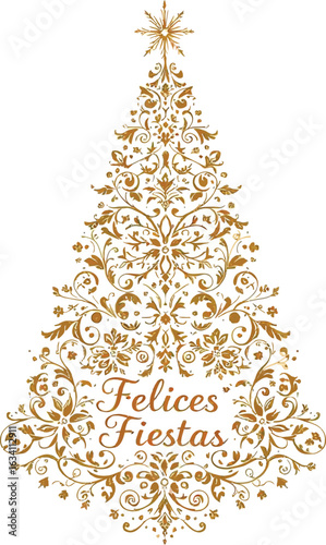 Golden floral Christmas tree vector with “Felices Fiestas” greeting in Spanish, elegant holiday design for festive decor