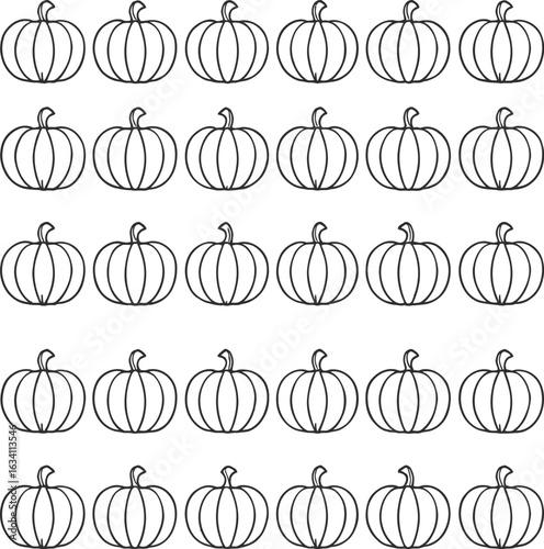 Seamless black and white pumpkin pattern with 30 stylized gourds in grid layout for autumn, harvest, and Halloween designs