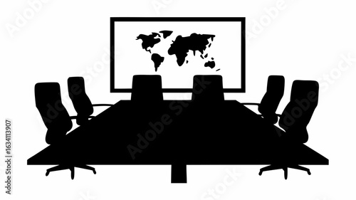 A conference room with a large table surrounded by chairs and a world map on the wall in black silhouette | editable eps vectors