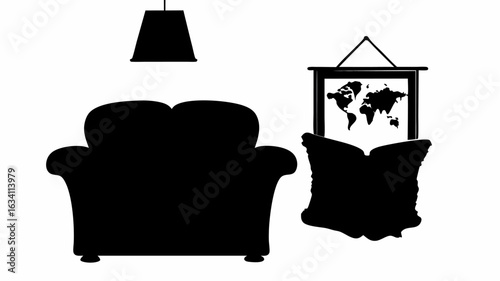 Silhouette of a living room with a couch, lamp, open book, and world map hanging on the wall | editable eps vectors
