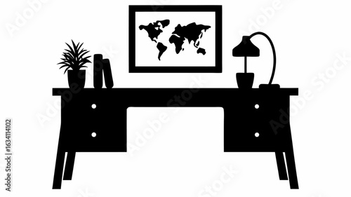 Black silhouette of a desk with a lamp plant books and a world map picture hanging on the wall above it | editable eps vectors