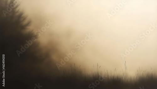 A Soft-Focus Landscape of a Smoky Forest at Sunset