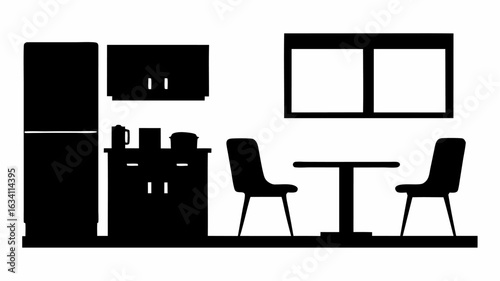 Silhouette of a kitchen interior with a refrigerator cabinet table chairs and a window showing a simple design | editable eps vectors