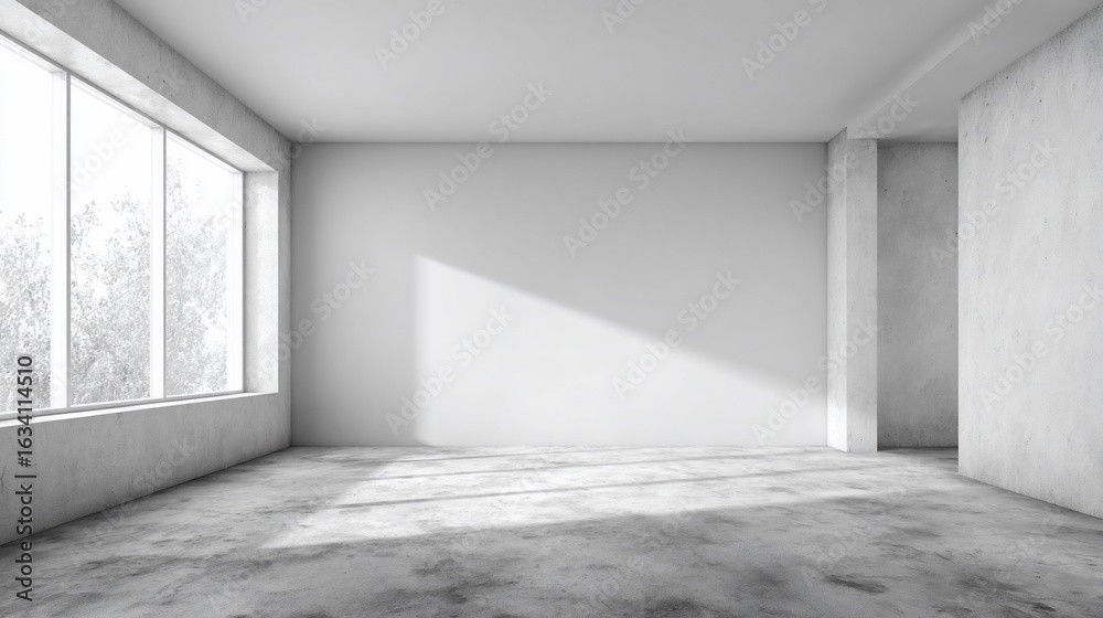 Obraz premium Interior view of an empty room with a large window and concrete floor