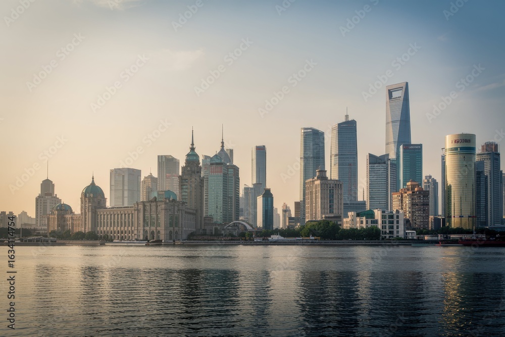 Obraz premium A photograph of the iconic skyline of Shanghai along the Huangpu River at dusk