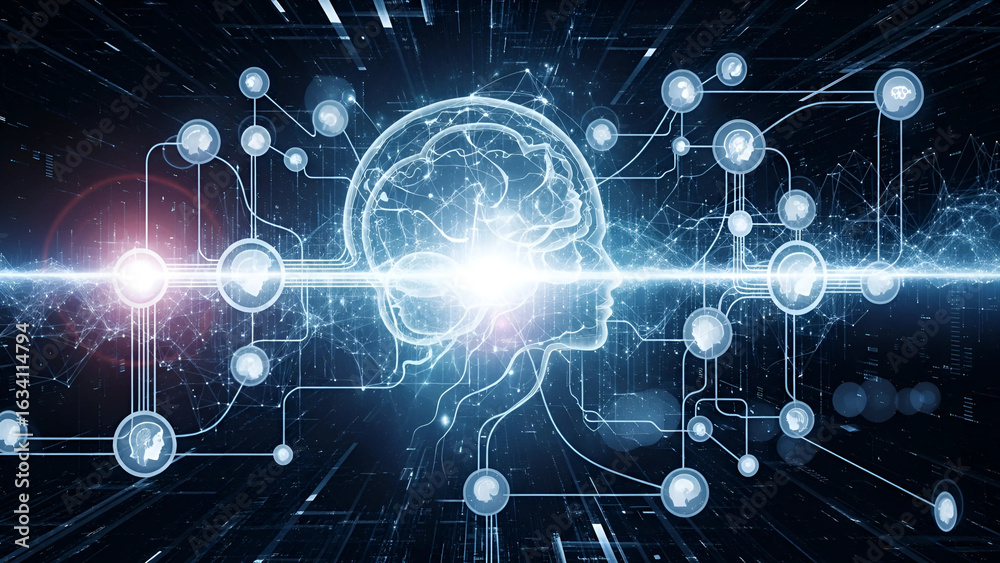 Fototapeta premium Illuminated human head outline connected to nodes in a network with bright light in the center brain