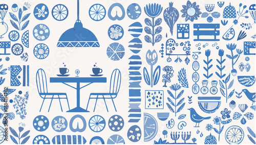 Illustration of a cafe scene with table chairs and coffee surrounded by floral and fruit elements silhouette