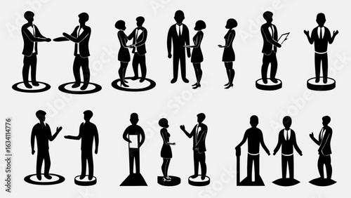 Silhouette illustrations of business people in various poses and interactions on platforms shown | editable eps vectors