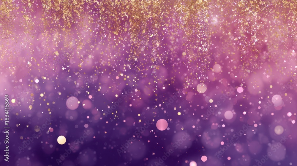 Fototapeta premium An ethereal cascade of shimmering golden and white particles descends through a dreamy gradient of pink, purple, and deep indigo, creating a magical, festive atmosphere.