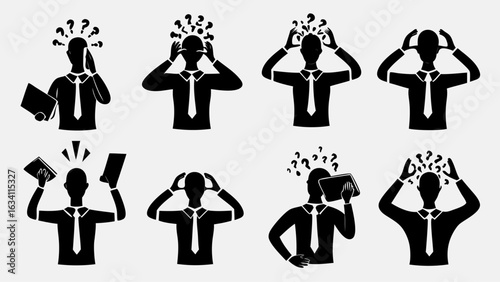 Illustrations of stressed business people with question marks above their heads in various poses of confusion | editable eps vectors silhouette