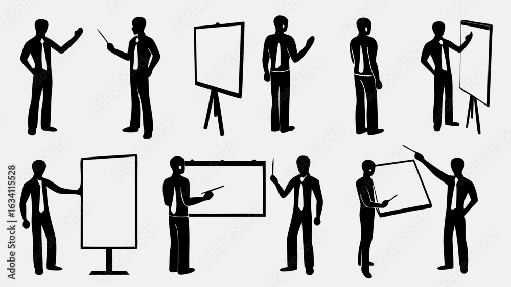 Fototapeta premium Illustration of business people presenting with chart boards and pointers in various poses and silhouettes | editable eps vectors