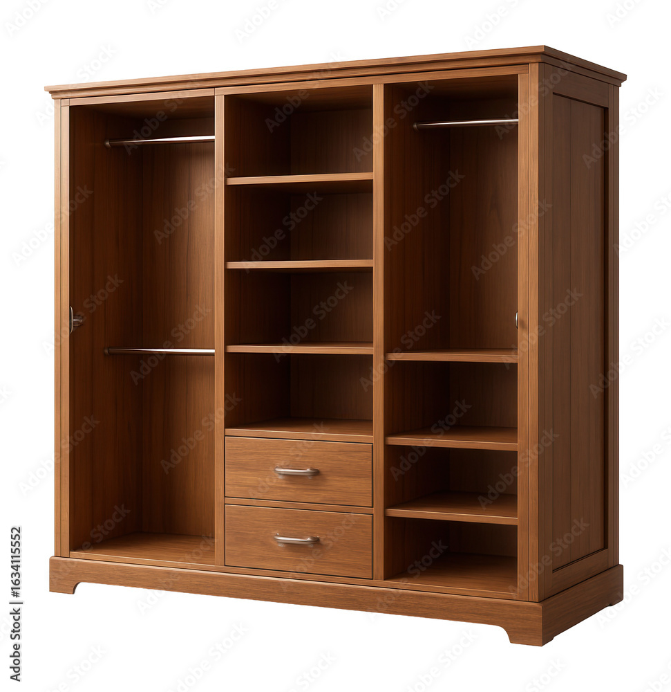 Spacious wooden wardrobe with open shelves, hanging rods, and drawers for versatile storage organization on transparent background. Spacious wooden wardrobe with open shelves, hanging rods, and drawers for versatile storage organization on transparent background.