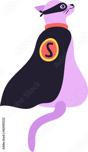 Stylized illustration of a purple cat wearing a black cape with an S symbol and a mask looking up, promoting concepts of courage, strength, and heroism