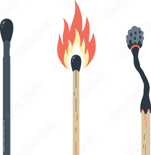Three matches depicting different states: unused, burning with flame, and burnt out with smoke
