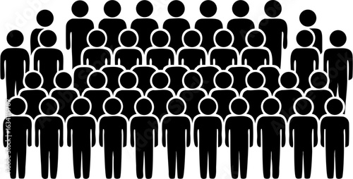 Illustration of a large group of stick figure people arranged in rows against a white background view from front | editable eps vectors silhouette