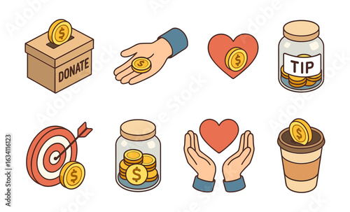 Donation and charity concept with coins and symbols in simple style