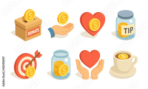 Charity icons: donation, tip jar, target, heart, and coffee cup symbols
