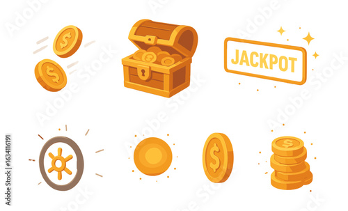 Glowing treasure icons featuring coins, chest, and jackpot on warm background