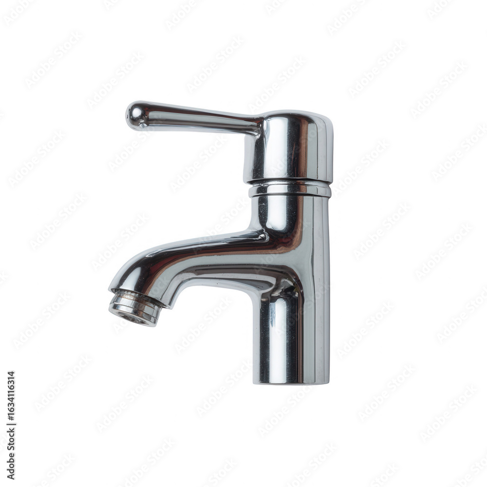 Shiny chrome faucet with a sleek design, perfect for modern kitchens or bathrooms, isolated on a white background for easy integration into various projects. Shiny chrome faucet with a sleek design, perfect for modern kitchens or bathrooms, isolated on a white background for easy integration into various projects.