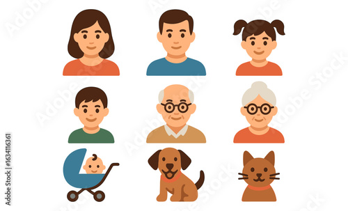 Flat style family and pet icons set: children, adults, seniors, baby, dog, cat