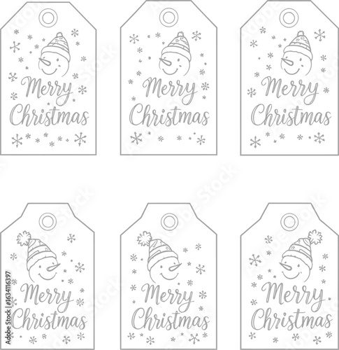 Set of six Christmas gift tags with smiling snowman illustrations, snowflakes, and festive typography for holiday packaging