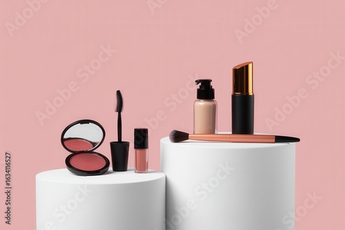 Make up products prsented on white podiums on pink pastel background