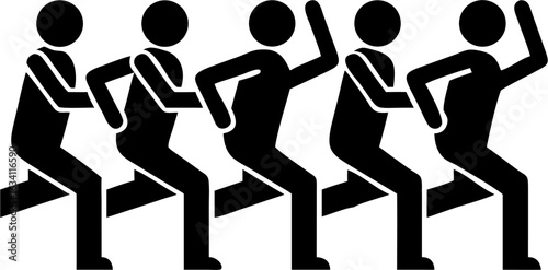 Silhouette illustration of five people in a row performing a synchronized exercise with raised arms and legs | editable eps vectors