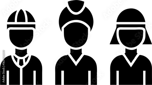 Illustration of three stylized figures wearing different head coverings in black and white color scheme | editable eps vectors silhouette