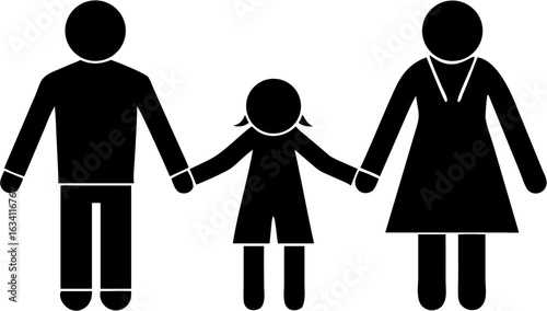Illustration of a stick figure family consisting of a father mother and child holding hands together happily | editable eps vectors silhouette