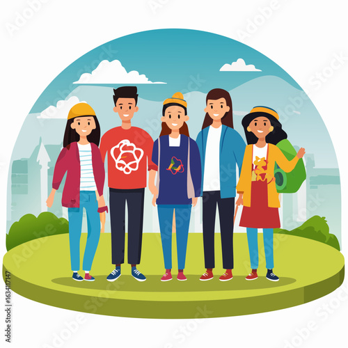 A flat vector illustration of multicultural teenagers celebrating International Youth Day. The group includes young people of different ethnicities standing together with symbols of creativity, innova