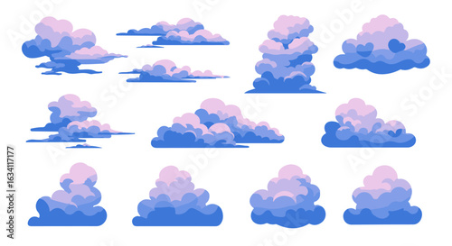 Illustration of twelve different cloud formations in blue and pink hues, isolated on a white background.
