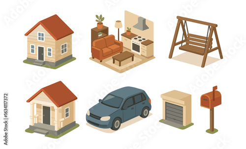 Isometric suburban living: cozy homes, vehicles, and outdoor furniture