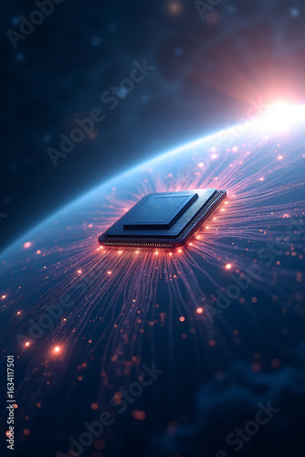 A glowing computer chip floats above a planet, radiating energy and data streams.