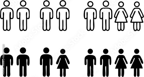 Illustration showing groups of male and female figures in both outline and solid black representation | editable eps vectors