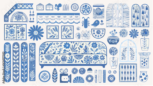 A collection of blue and white stylized floral and architectural elements arranged together nicely silhouette