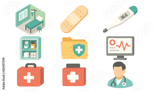 Modern medical icons set: healthcare essentials in isometric flat design