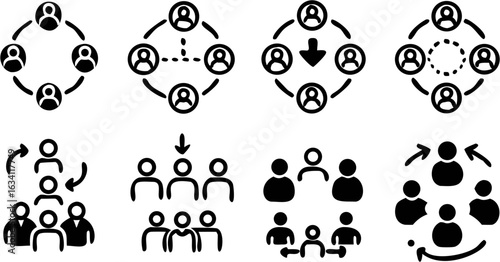 Illustration depicting various organizational structures and team dynamics in black and white format | editable eps vectors
