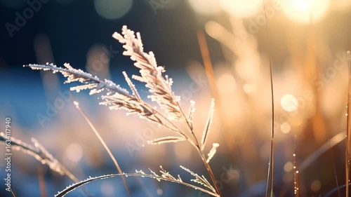 Frosted grass blades illuminated by sunlight in a winter landscape