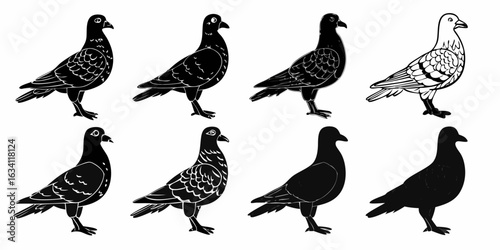 Illustration of eight pigeons in various styles and poses against a white background in black and white | editable eps vectors