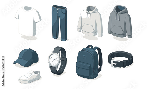 Isometric clothing and accessories set featuring casual apparel and essentials