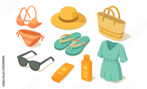 Summer beach essentials in isometric style: swimsuit, flip flops, sunglasses, and more