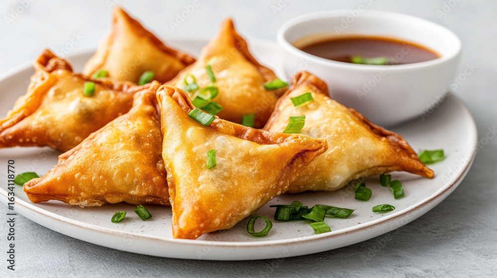 Crispy fried wontons served with dipping sauce and garnished with green onions Crispy fried wontons served with dipping sauce and garnished with green onions