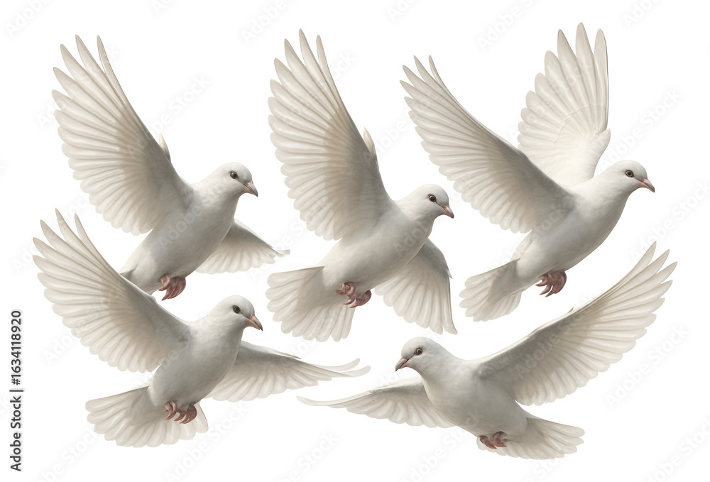 Obraz premium Five white doves with outstretched wings gracefully flying, symbolizing peace and purity on transparent background.